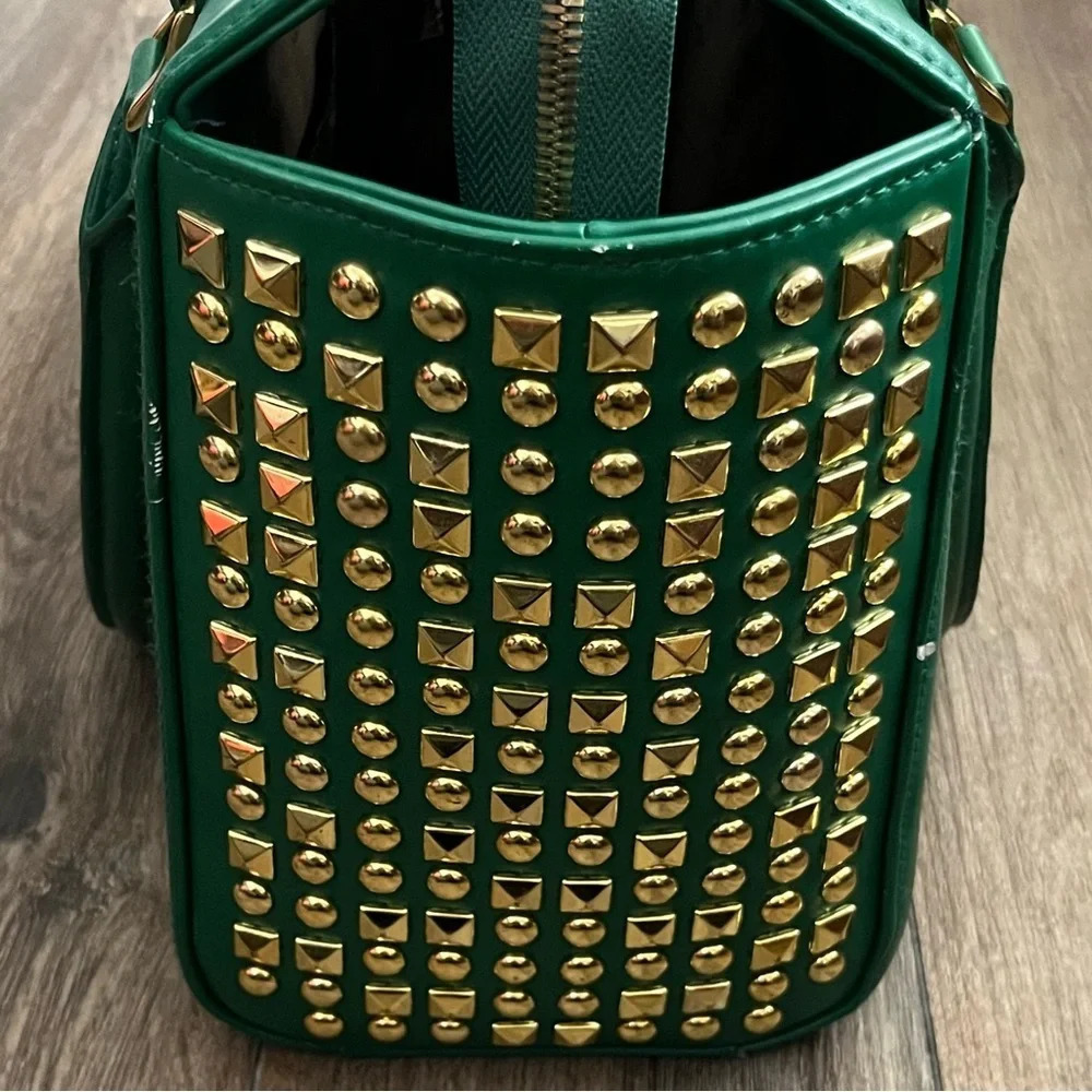 IMAN Faux Leather Purse Tote Handbag Green Gold Studded Designer Luxury Classic - Picture 5 of 12